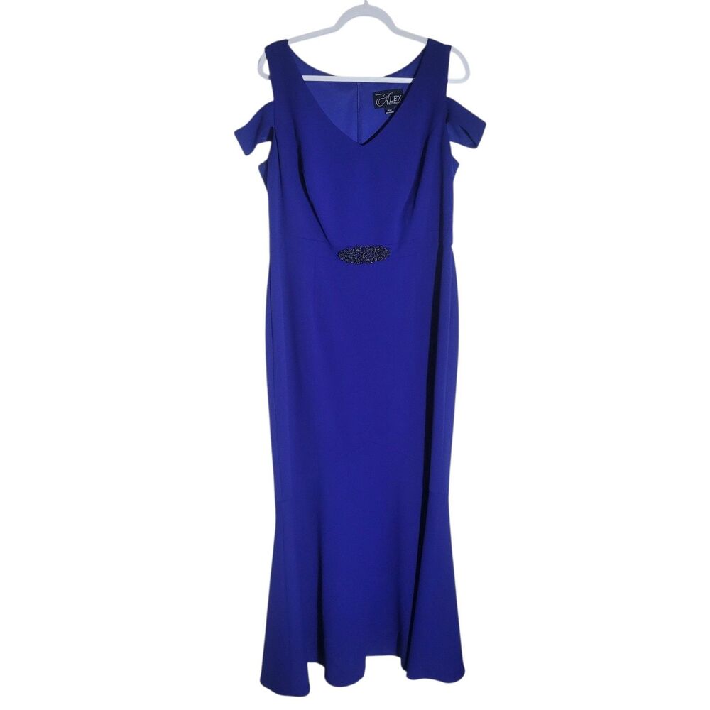 NEW Alex Evenings Cold Shoulder Mermaid Cut Dress Sz 16W Blue Beaded Formal Maxi